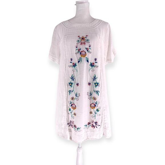 Umgee Gauzy Summer White Cotton Embroidered Floral Tunic Mini Beach Dress L - Picture 1 of 15